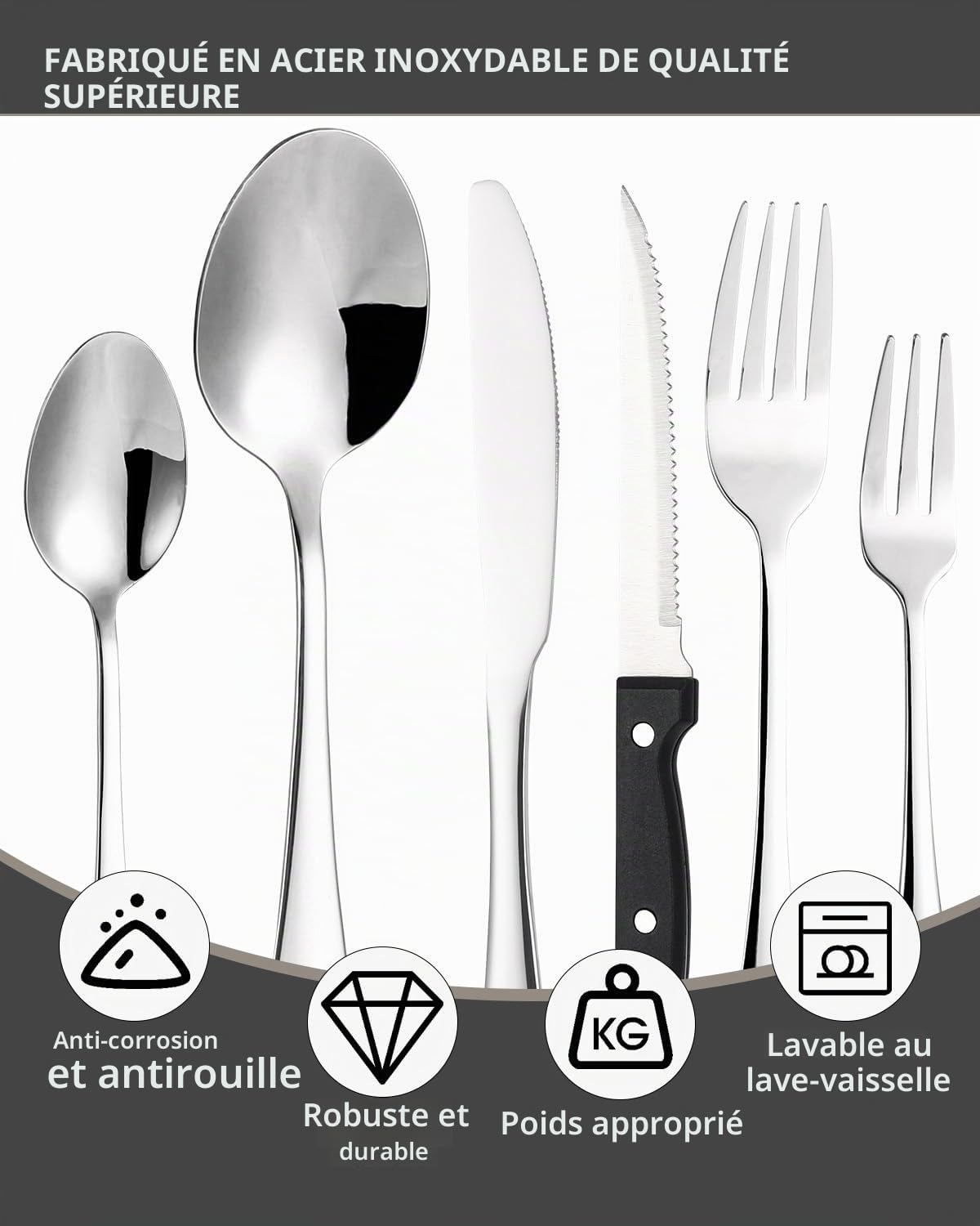 Couverts de Table 12 Personnes, Ménagère 72 Pièces en Acier Inoxydable | avec Couteau Fourchette Cuillère, Polis et Lavables au Lave-Vaisselle, pour Maison, Fête, Restaurant