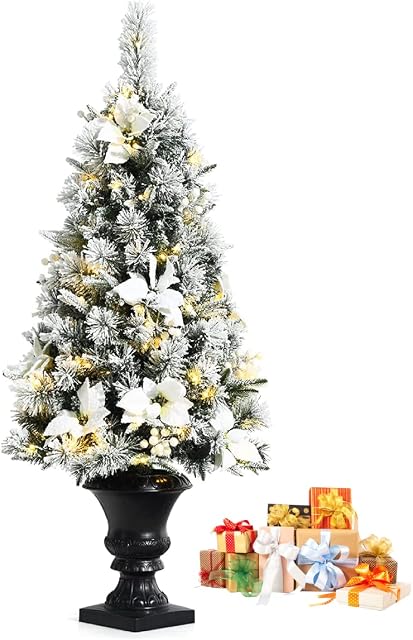 GYMAX 4FT Pre-lit Christmas Entrance Tree, Artificial Xmas Tree with LED Lights & Retro Base, X-mas Traditional Decoration for Home, Doorway and Pathway (White, Holy Flowers)