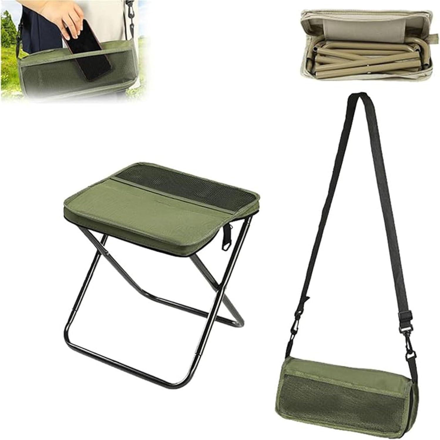 Foldable Backpack Stool, Folding Mini Outdoor Camping Stool, Foldable Lightweight Hunting Seat with Zippered Carrying Bag, Folding Slacker Chairs for Fishing Travelling Picnics (Green, Large)-Xian