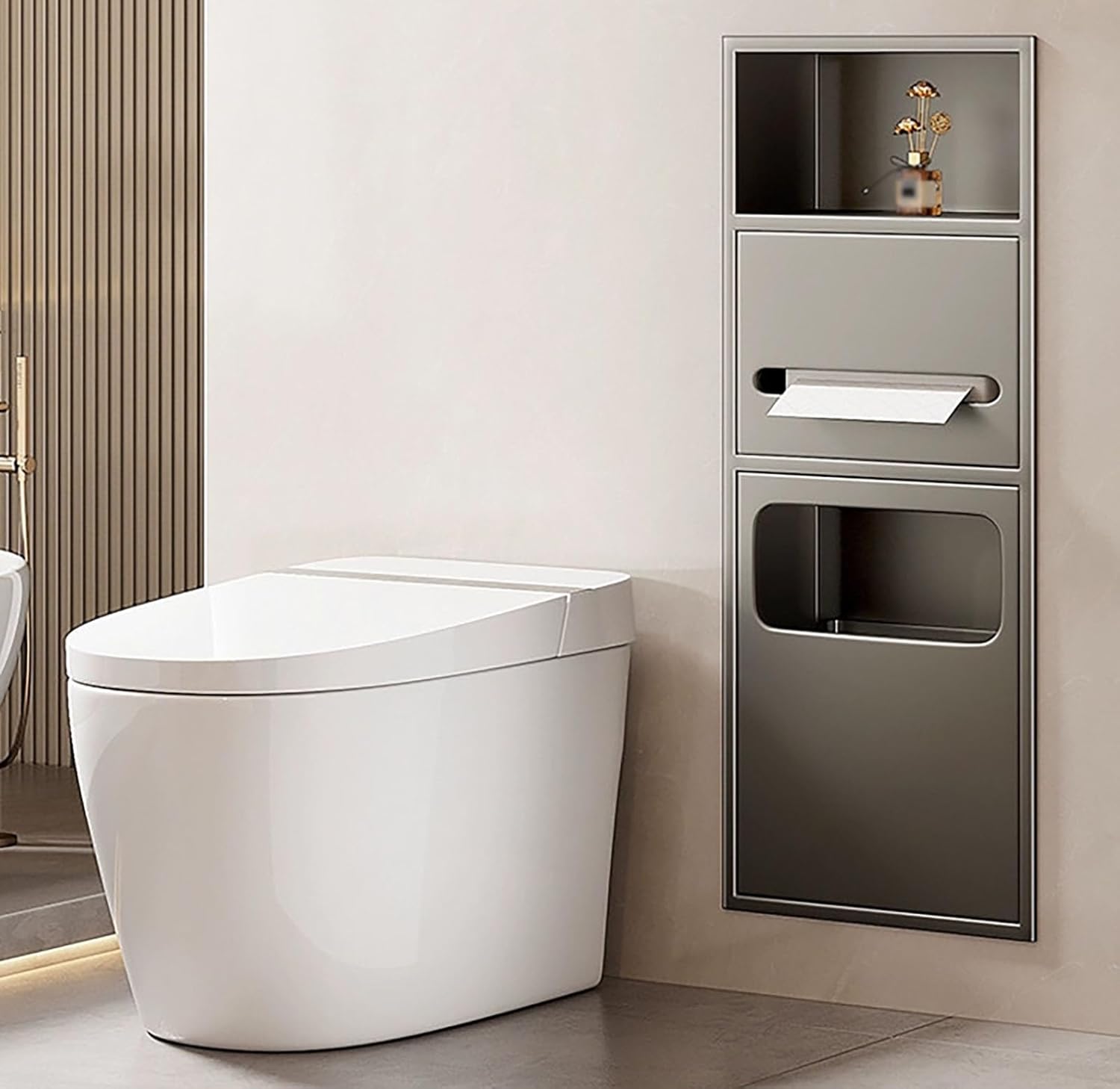 Embedded in Wall Trash Can Niche with Toilet Paper Holder & Shelves, High Capacity Storage Cabinet for Home and Commercial，3-in-1 Bathroom Wall Niche(Gray)