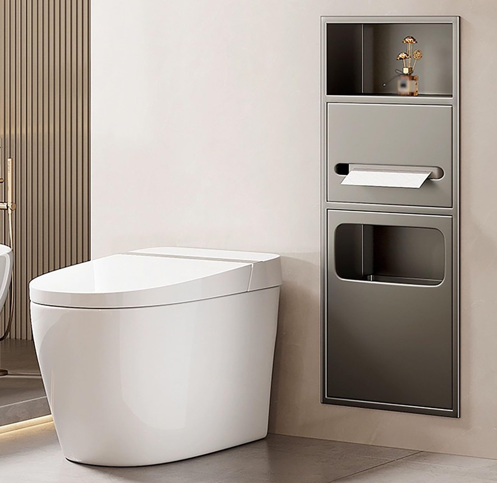 Cubo de basura de pared para ahorrar espacio con estantes de baño