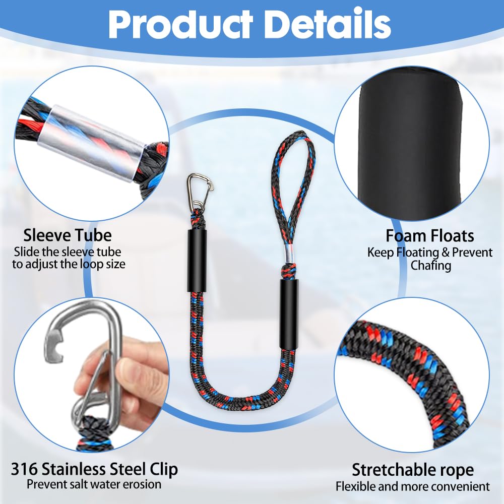 2 Pcs Cavi per Ormeggio barca, Bungee Dock Line con Gancio, Cravatta Elastica per Barche, Kayak, Pontone, Canoa (Nero + Blu + Rosso)