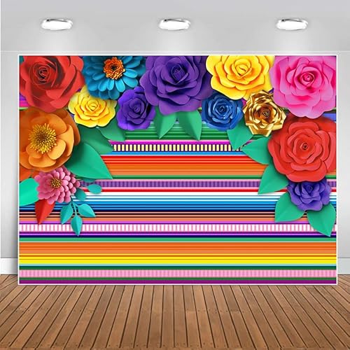 Mexican Theme Party Striped Backdrop Fiesta Cinco De Mayo Paper Flowers Background Party Decoration for Cake Table Decor Photo Booth 7X5FT