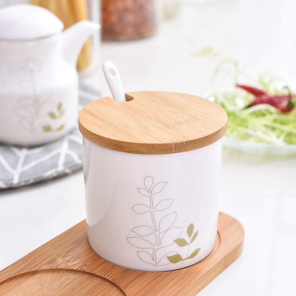 Three-pot Design Ceramic Seasoning Pot, Kitchen Condiment Container with Lid and Tray Shelf