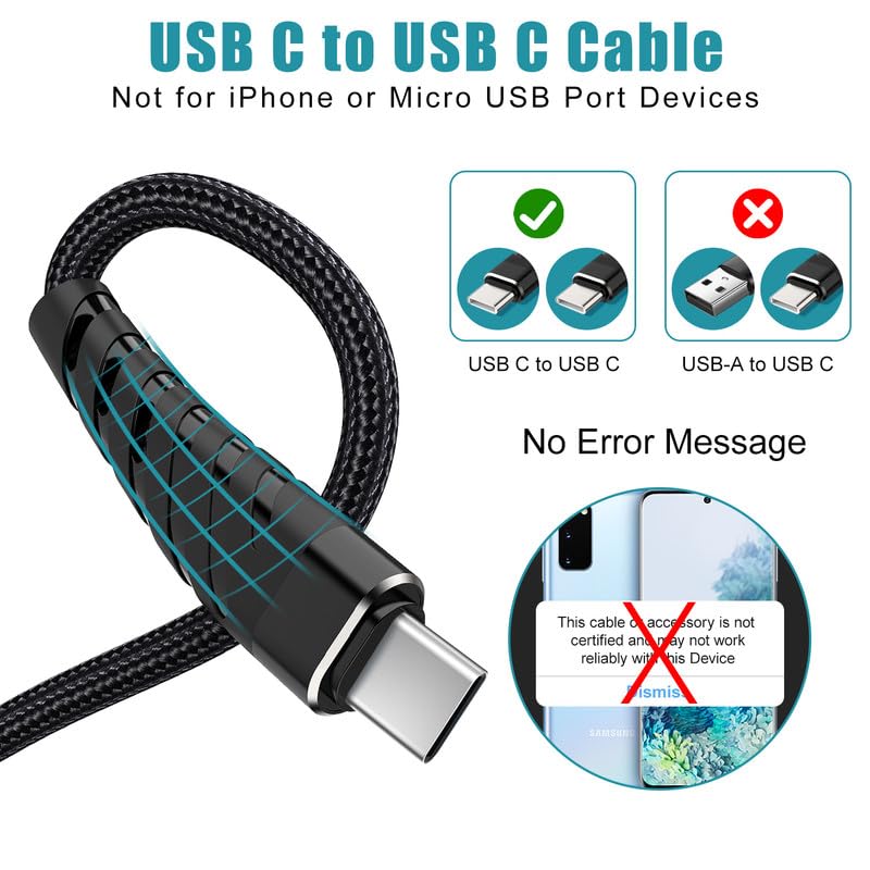 Miniatura 5 de Cable USB C a USB C de 60 W, paquete de 2 cables de carga USB C de 10 pies, cable de carga rápida USB-C trenzado para iPhone