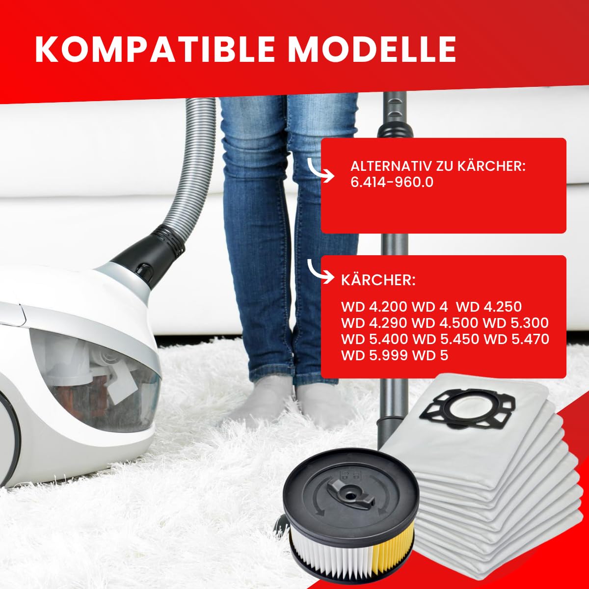Invest - Staubsaugerbeutel Ersatz, Filtertüten Beutel Kompatibel mit Kärcher 6.414-960.0, WD 4.200 WD 4 WD 5.999 WD 5 WD 4.250 WD 4.290 WD 4.500 WD 5.300 WD 5.400 WD 5.450 WD 5.470 - Weiß, 10 Stück