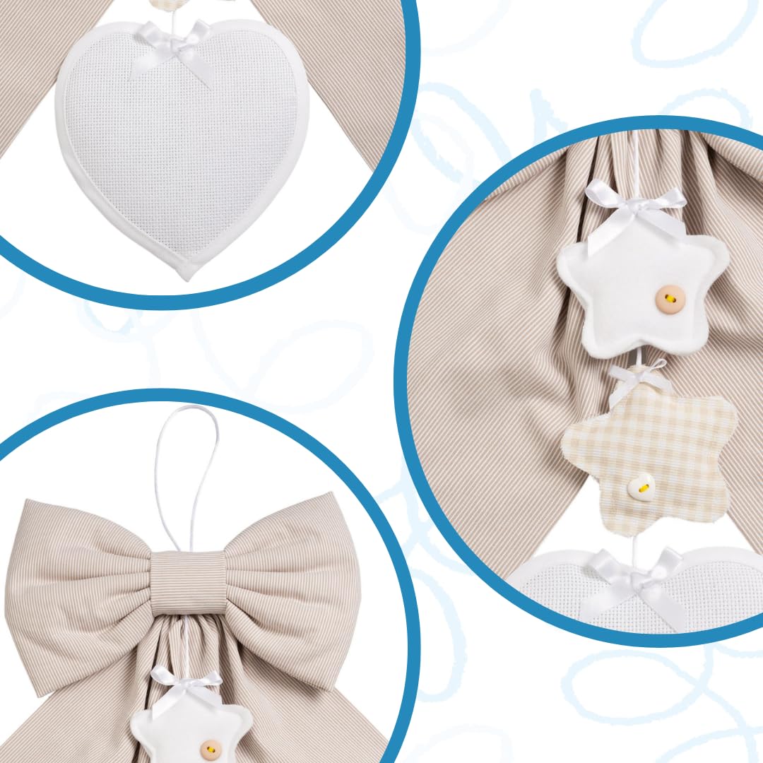 Filet - Fiocco Nascita da Ricamare in Tessuto a Righe Beige con Stelline Pendenti e Cuore in Tela Aida, Ideale per Annunciare la Nascita di un Neonato, Made in Italy