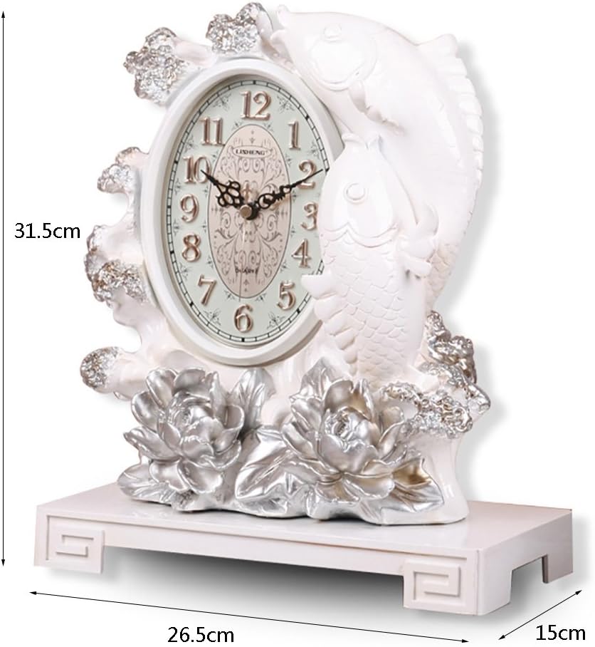 Retro Mantel/Mantle Rhythm Quartz Clock Double carp Living Room Desk Shelf Clocks Decoration (Color : White)