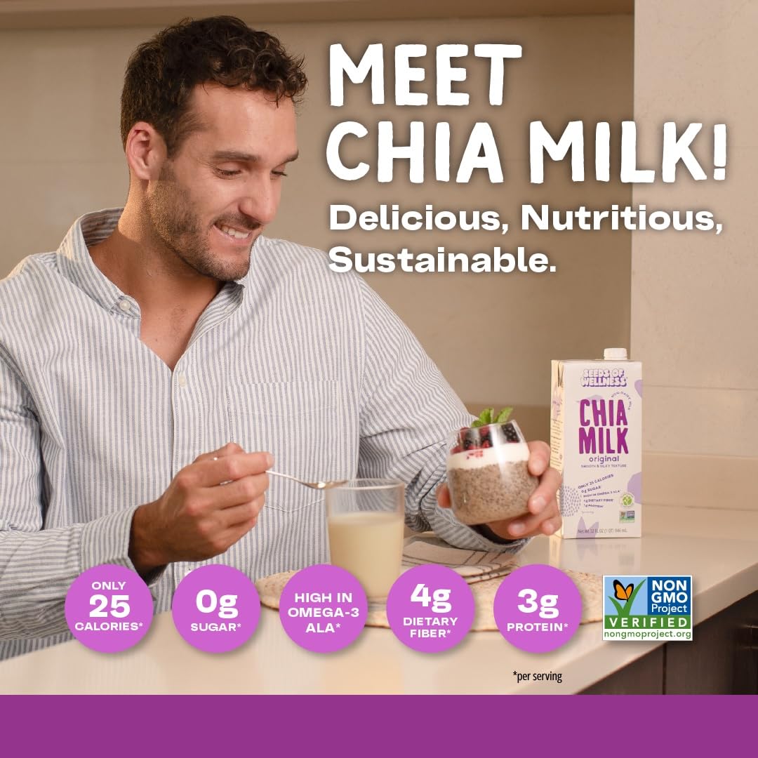 Seeds of Wellness - Chia Milk Original, Vegan, Plant-Based, Non-Dairy, 740 mg Omega-3, 4g Fiber, 3g Protein, Zero Sugar, Smooth Texture, Low Calories, Keto, Gluten Free, Non-GMO, 32 Fl Oz (946 ml) Tetrapak, Pack of 6, Chile