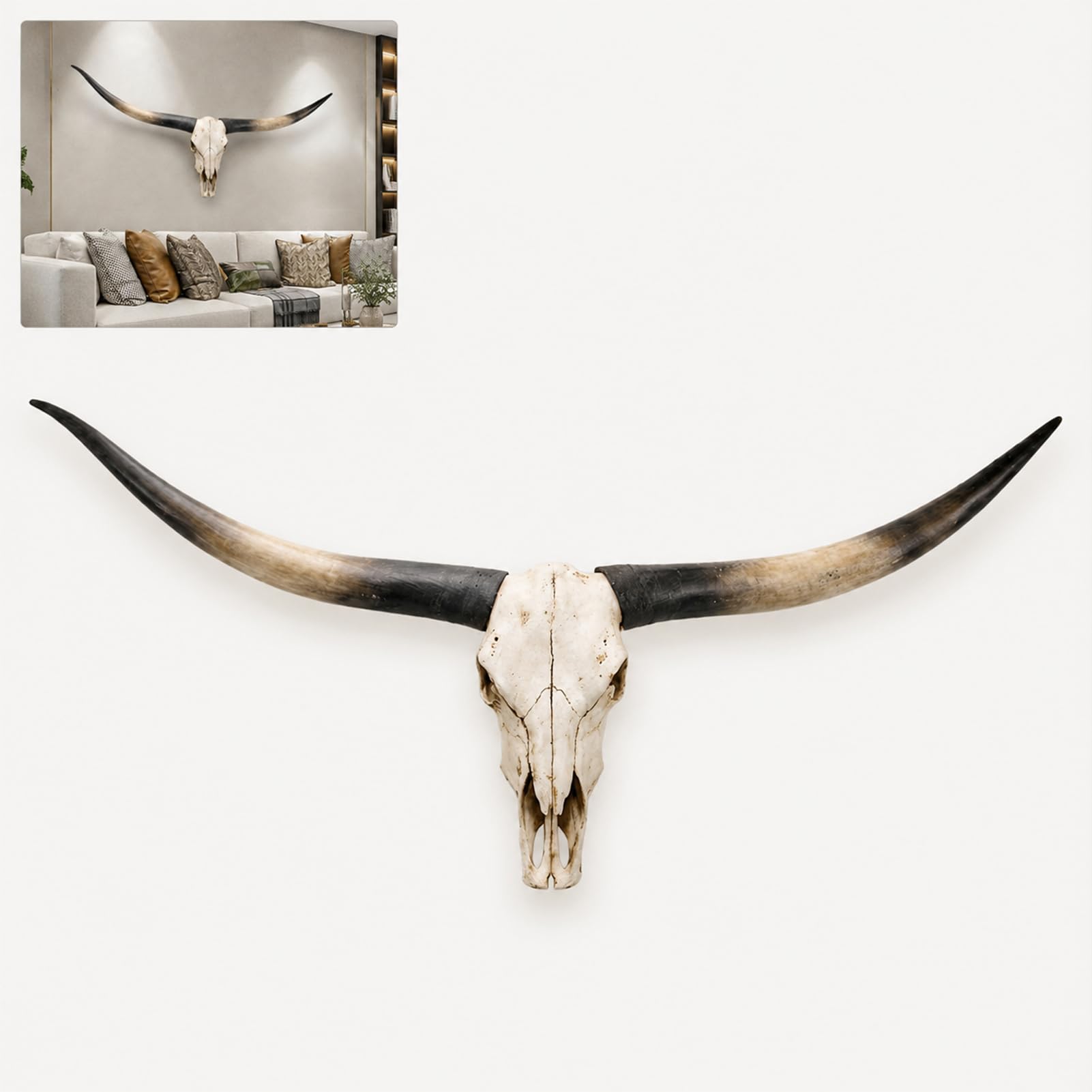 TJKK Longhorn Wall Decor, Cow Skull Wall Decor, Highland Cattle Skull, Faux Taxidermy Animal Head Wall Decor, Handmade Farmhouse Decor (black,178 * 70cm)