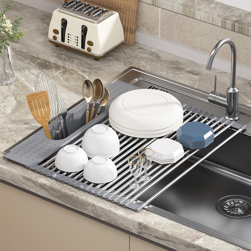 roll up dish drying rack over sink, 20" x 15.2" foldable sus304 stainless steel kitchen dish drainer, heat-resistant multipurpose rolling sink rack organizer, grey grey?20" x 15.2"?