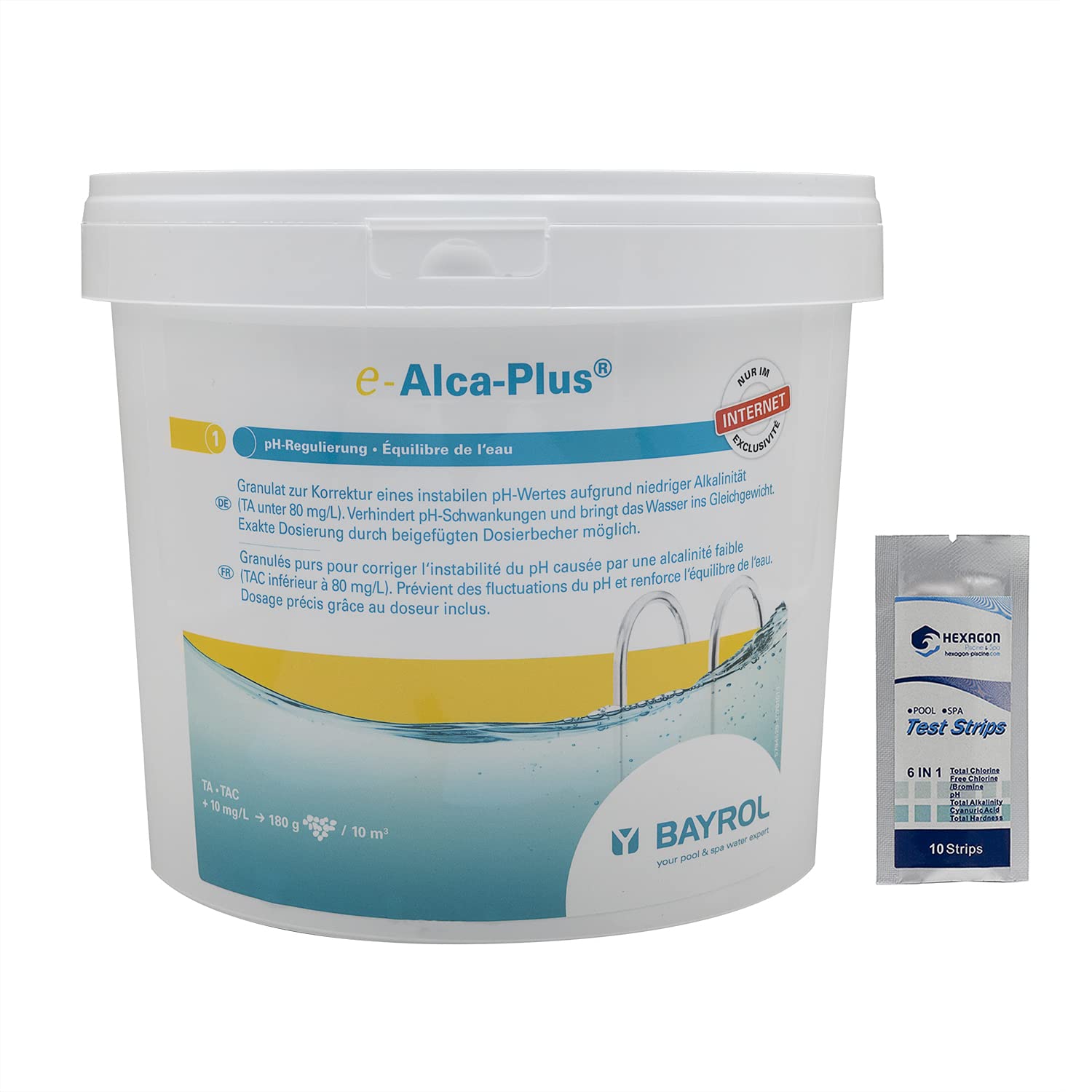 BAYROL e.ALCA-Plus Granulés - 5kg | Correcteur TAC - Augmente l'Alcalinité - Dissolution Rapide + 10 Tests HPS OFFERTS 6 en 1