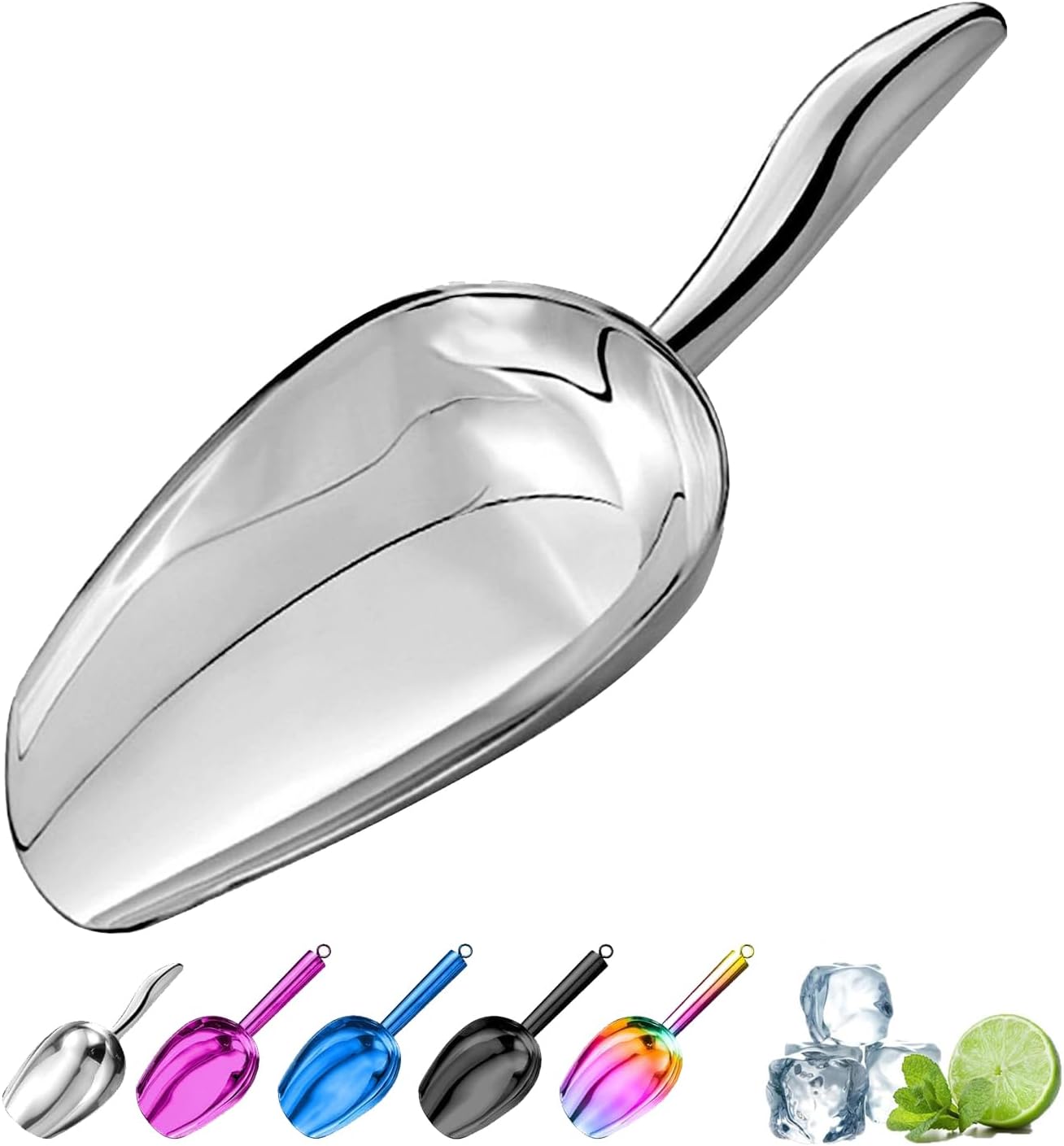 Metal Ice Scoop，Kitchen Ice Scooper for Ice Maker,Stainless Steel Small Ice Scooper for Freezer，Kitchen Gadgets Cookie Flour Pet Dog Food Scoop (Silver, Curved handle 6OZ)