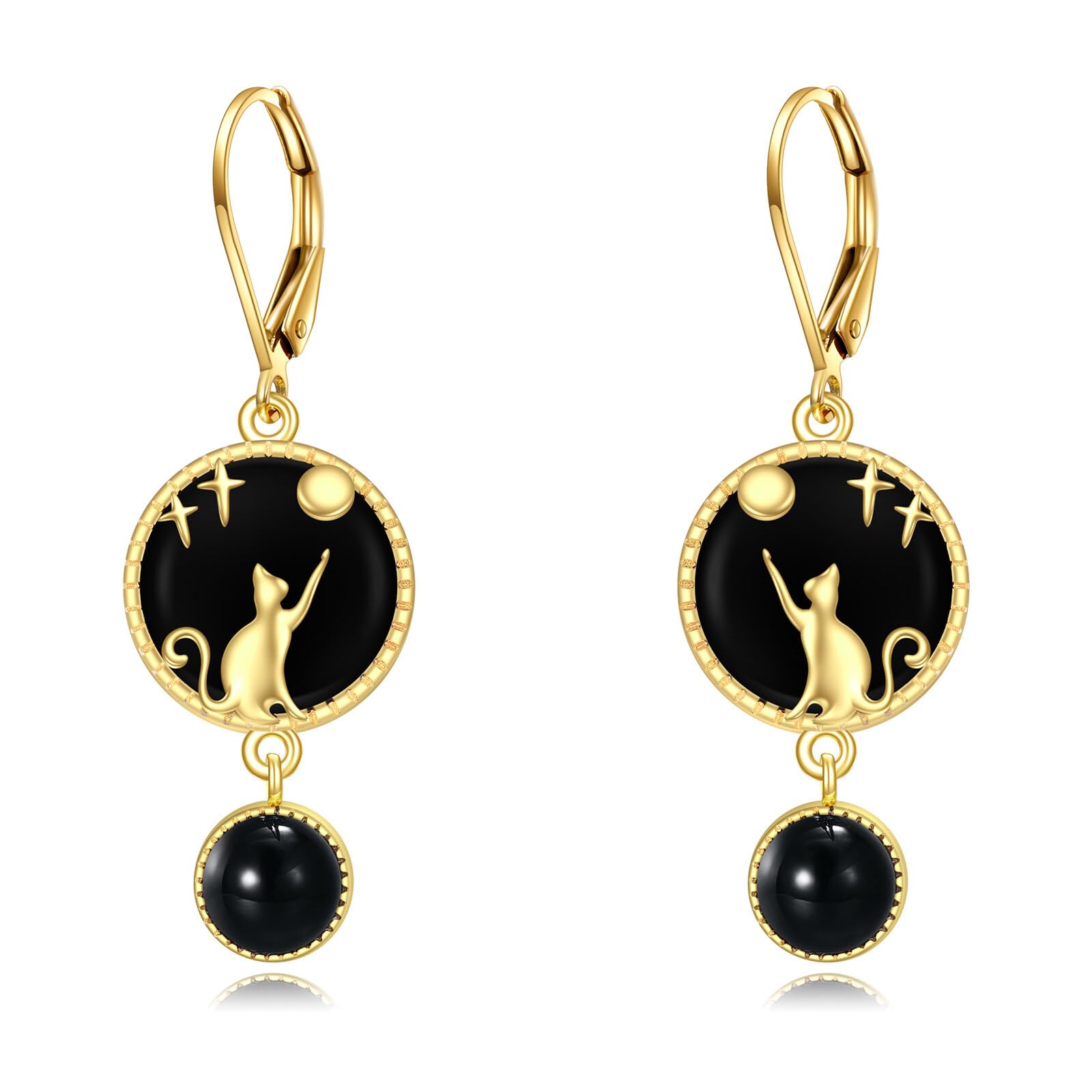 Schwarze Onyx Katze Ohrringe Sterling Silber - 18 Karat Vergoldete Leverback Tropfen Schmuck Geschenke für Damen Mädchen