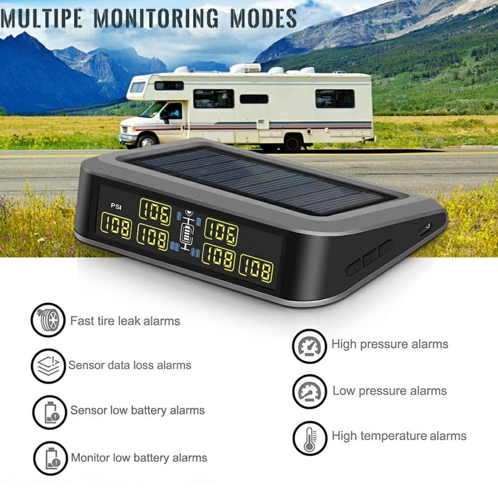 Solar Powered Tire Pressure Monitoring System with 6 Sensor (0～199 Psi) & Repeater, 7 Alarm Modes for Trailer, Coach, Motor Home, Truck