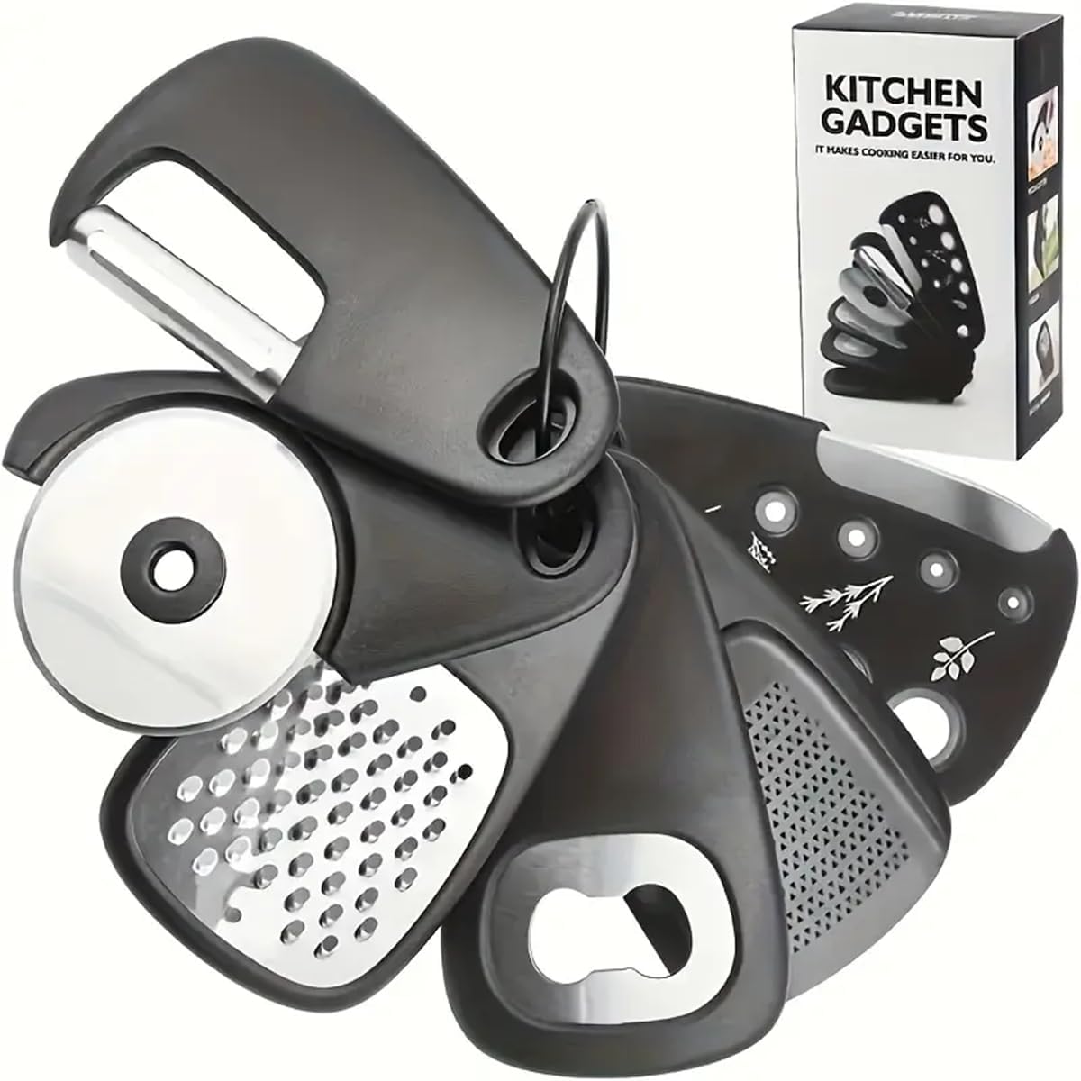 6 PCS Kitchen Gadgets,Space Saving Stackable Tools,Cheese Grater,Peeler,Pizza Cutter,Bottle Opener,Grinder,and Herb Stripper
