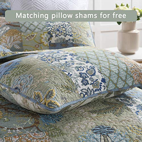Secgo Queen Quilt Size - 100% Cotton Queen Comforter Set Green Bedding Sets (90 * 98 Inch) With 2 Pillow Shams, Patchwork Reversible Lightweight Bedspread, Quilted Coverlet Fit All-Season #TOP4