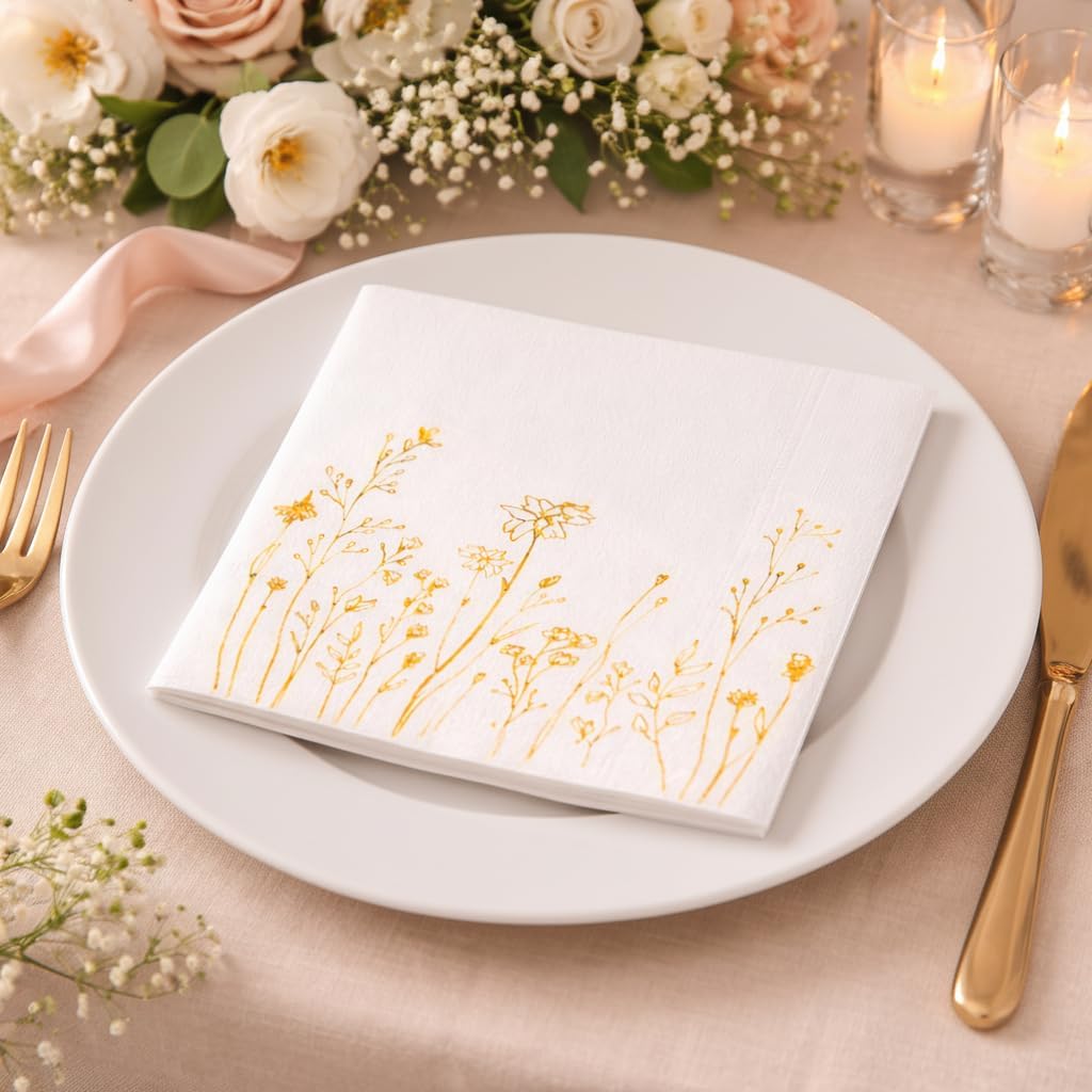 GardenCity Floral Napkins, Gold Flower Cocktail Napkins, Disposable Wildflower Paper Napkins, 3-Ply, 5x5” Folded (100 Pack)