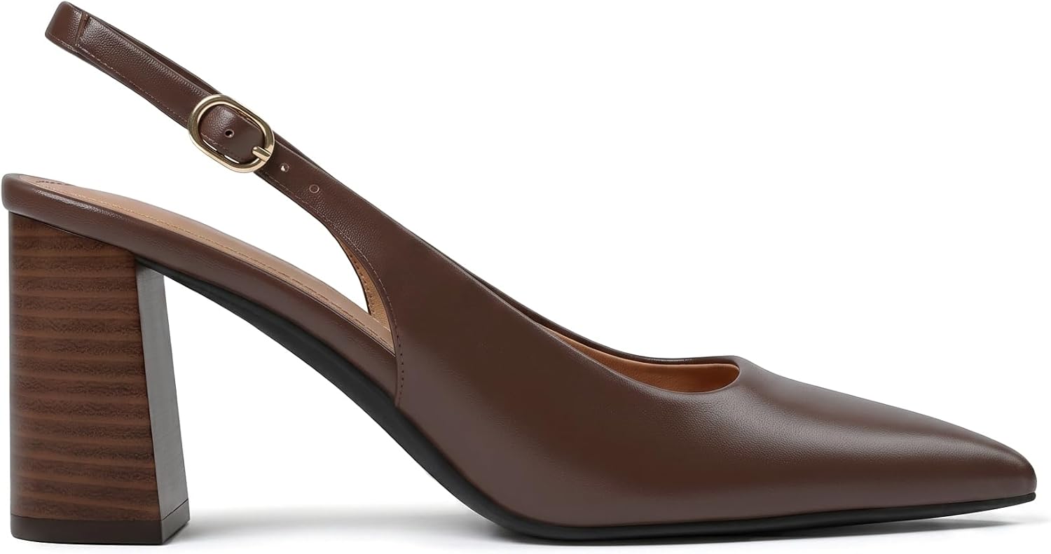 Ancomafio Slingback Heels for Women Chunky Heels Pointed Closed Toe Pumps | Block Chunky Heels, Pointed Closed Toe, 3 Inch Slip On Pumps, Dress Shoes for Business Office Party