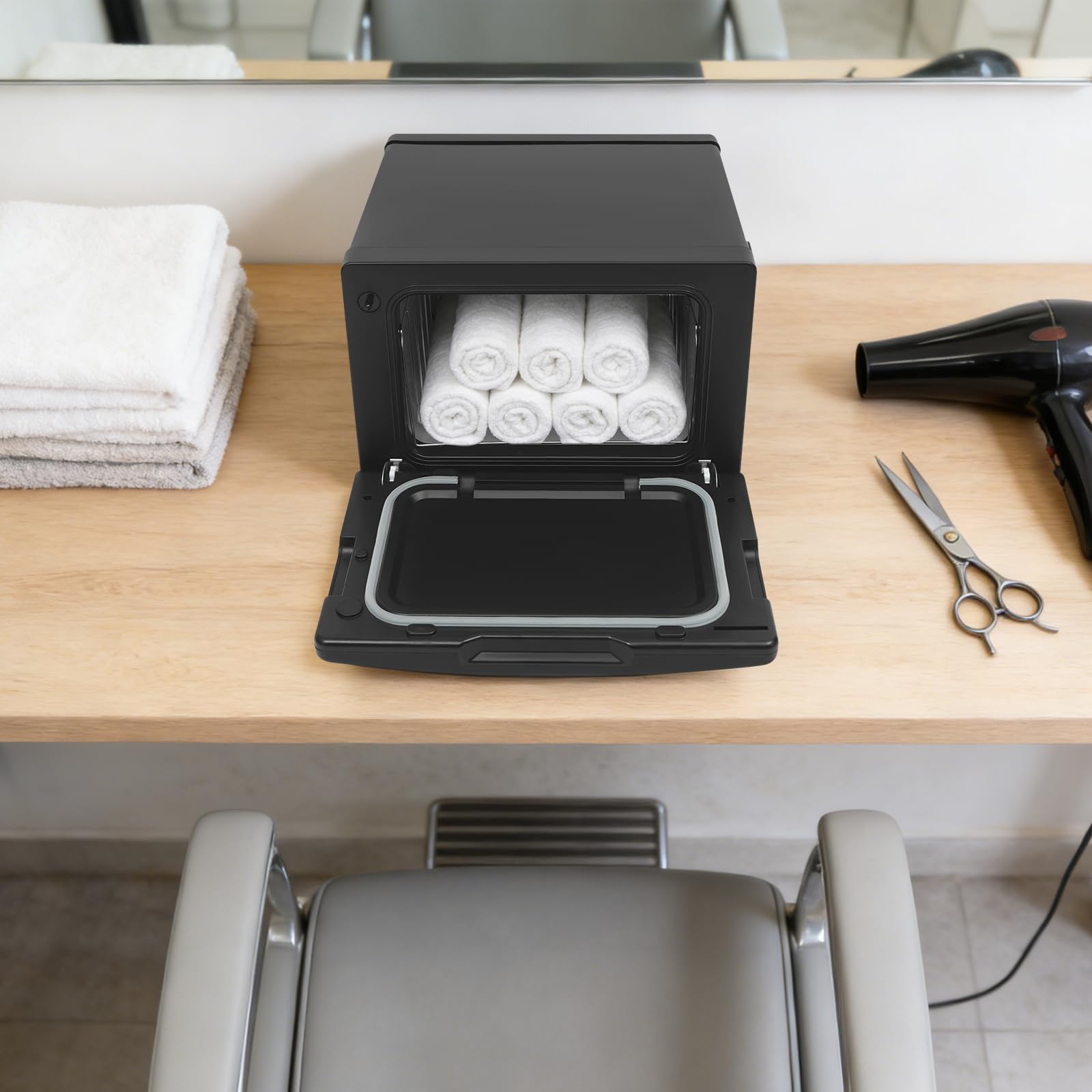 8L Handtuchwärmer, Handtuchwärmeschrank 130W mit Desinfektion für Salon&Spa | Aluminiumlegierung, Edelstahl, schwarz, 30.5x30.5x24.5cm, 8L Fassung, Korb enthalten, für Haus, Beauty, Wellness, Hygiene