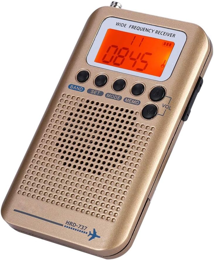 Eboxer Portable Full Band Radio Aircraft Band Radio Receiver VHF/FM/AM/SW/CB/AIR World Band, LCD Display with Backlight, Alarm Clock(Gold)