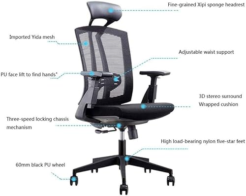 Miniatura 3 de Silla de oficina, silla de computadora de malla transpirable con soporte lumbar ergonómico ajustable, silla de escritorio giratoria negra con