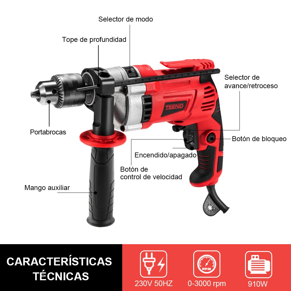 TEENO Taladro de percusión con cable 910 W, martillo perforador eléctrico 0-3000 rpm con 38 accesorios, mango giratorio de 360°, velocidad variable, mandril de metal de 13 mm, funda de transporte