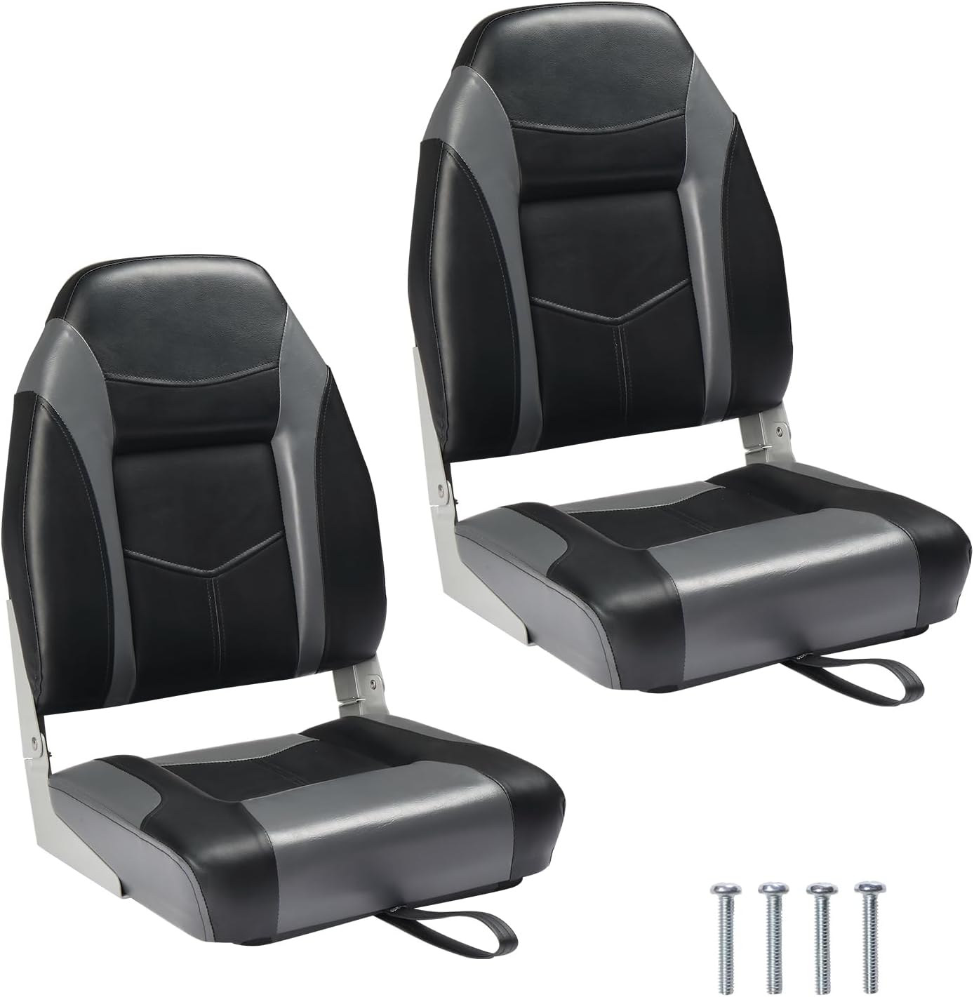 PEXMOR Boat Seats Low/High Back, Folding Boat Seat Included, Fold-Down Fishing Boat Seats Waterproof Captain Boat Seat w/Aluminum Hinges & Thick Soft Cushion, 2 Packs (High Back-Grey & Black)