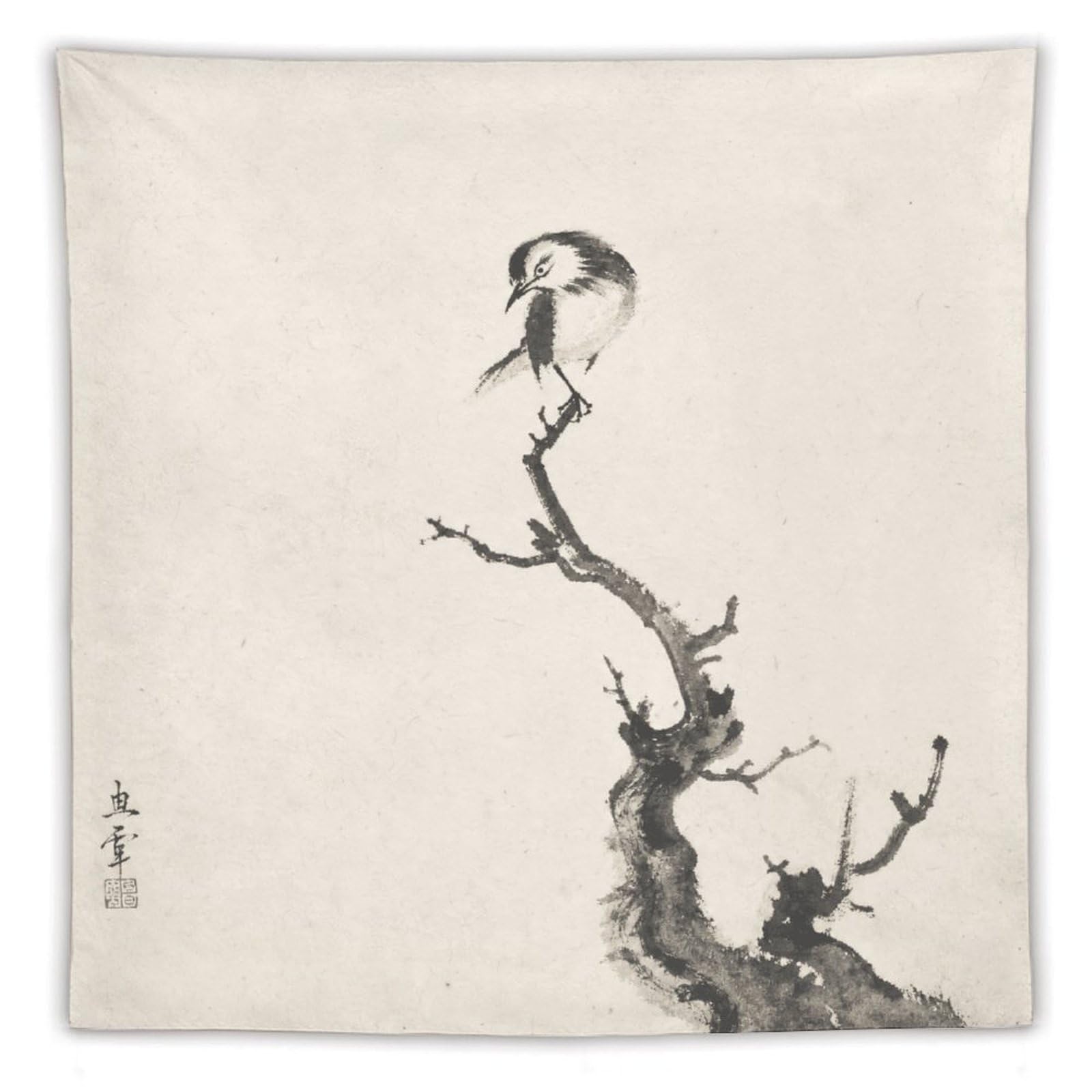 W7C8U2X3 Ink Bird on Branch Wall Tapestry, Asian Ink, Minimal Asian Art