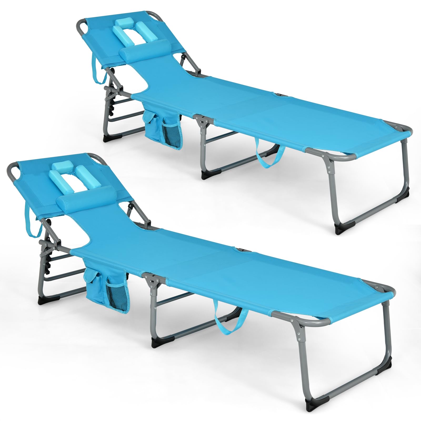 Goplus Tanning Chair, Folding Adjustable Patio Lounge Chair with Face Hole, Removable Pillow, 330LBS, Carry Strap, Outdoor Sunbathing Chair,