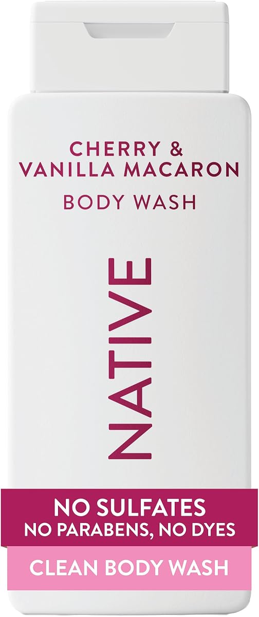 Jabón corporal Native Clean, suave y con pH equilibrado para pieles sensibles, frescura las 24 horas para mujeres y hombres, vegano y libre de crueldad, libre de sulfatos y parabenos, macarrón de cereza y vainilla, 18 fl oz