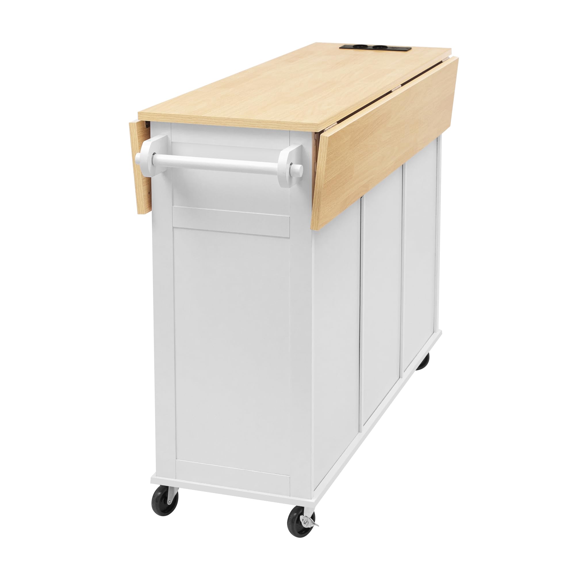 Kücheninsel mit Rollen & ausziehbarem Esstisch, Mobile Kücheninsel mit Steckdosen, Schubladen & Handtuchhalter, Platzsparender Küchenwagen klappbar für kleine Küchen & Esszimmer (Weiß)