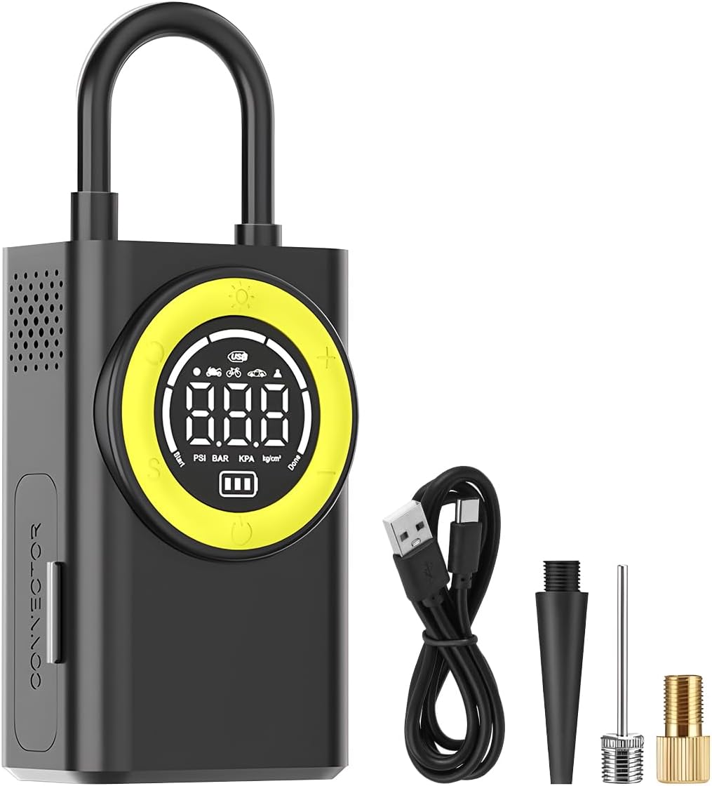 Car Tire Inflator Portable Air Compressor, Vehicle Air Pump with Digital Pressure Gauge LED Light, Cordless Automotive Tires Inflation Pump, Universal for Motorcycles Bikes