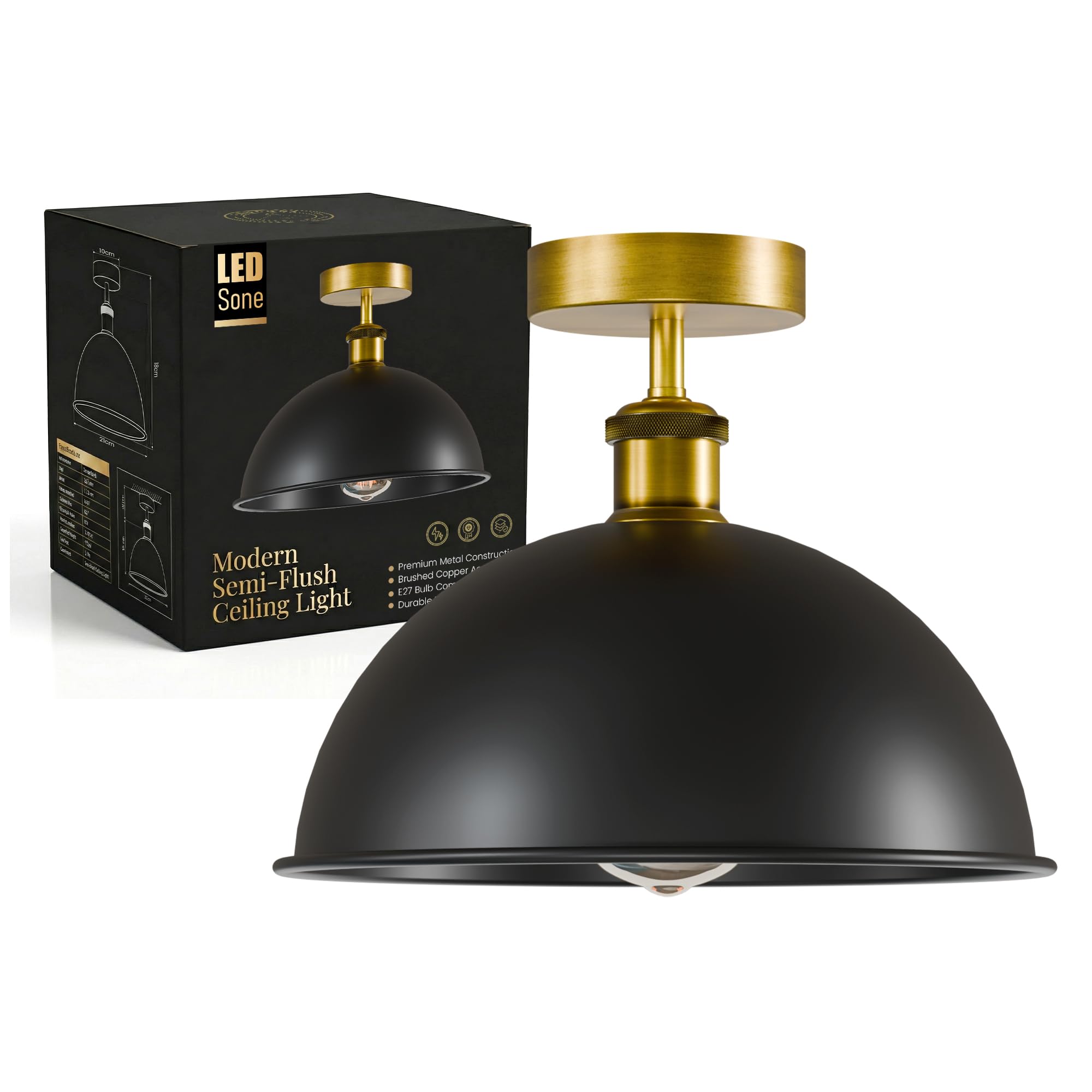 LEDSone Industrial Semi Flush Mount Ceiling Light E27 Metal Dome Lampshade