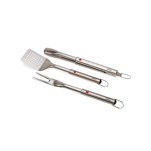 Joseph Joseph GrillOut 3-piece Stainless Steel BBQ Utensil Set, Turner, Tongs & Fork, Retractable for compact storage, Easy-clean