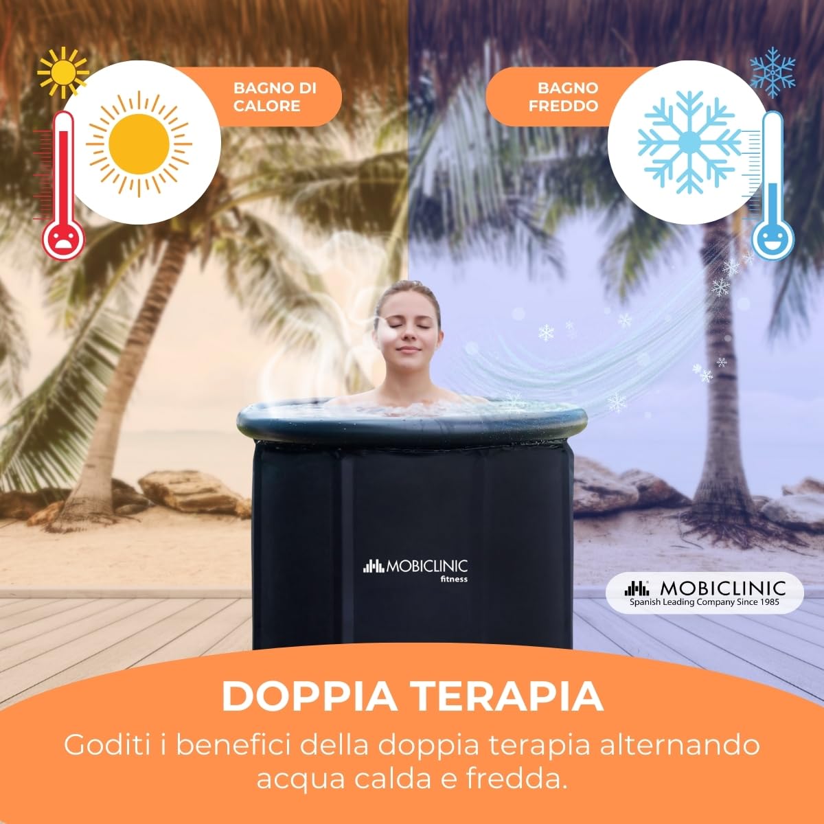 Mobiclinic® fitness, Vasca di ghiaccio, 350l, Recupero muscolare, Per gli sportivi, 83x83x75cm, Artic, Portatile, Terapia duale, Borsa il trasporto, Cuscino gonfiabile, Bordo