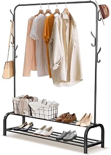 Holdfiturn Clothes Rail for Bedroom Hanging Rail for Clothes Metal Garment Rack 110x33x150cm Clothing Rail Coat Rail with 2-tier Bottom Shelves and 6 Side Hooks Shoe Storage Rack Clothes (Black)