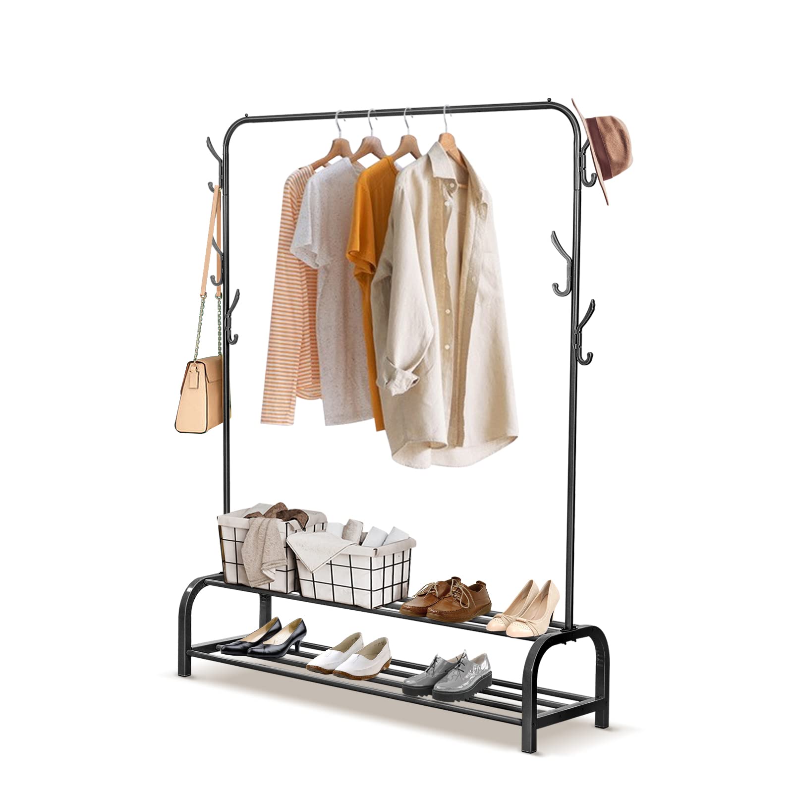 Holdfiturn Clothes Rail for Bedroom Hanging Rail for Clothes Metal Garment Rack 110x33x150cm Clothing Rail Coat Rail with 2-tier Bottom Shelves and 6 Side Hooks Shoe Storage Rack Clothes (Black)
