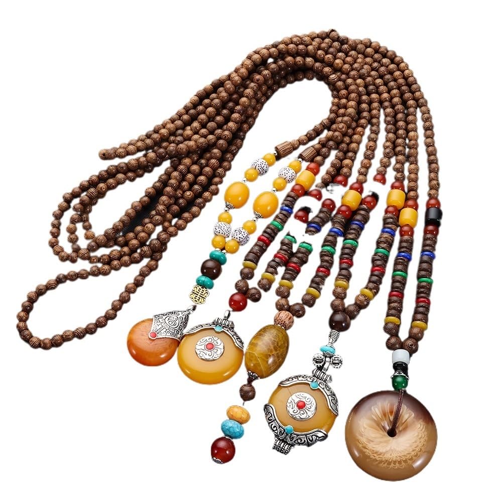 Collier Mala Bouddhiste Népal Fait Main - Perles Bois Pendentif Ethnique Long Pour Femmes