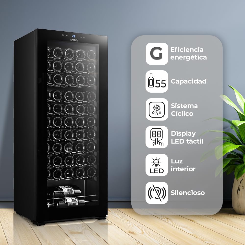 SVAN Vinoteca 55 Botellas Negro SVN5500S. 85W, Display LED táctil, Pantalla Digital Exterior, 10 Baldas de Madera, 1 Rejillas Metálicas, Clase de Eficiencia Enérgetica G
