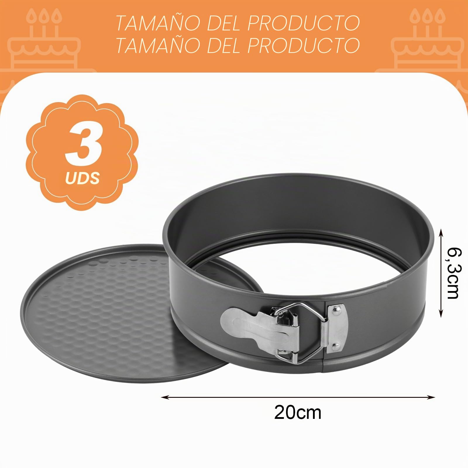3 piezas Molde desmontable 20 cm, redondas de acero al carbono con revestimiento antiadherente, base extraíble y cierre lateral para tartas, bizcochos y cheesecake
