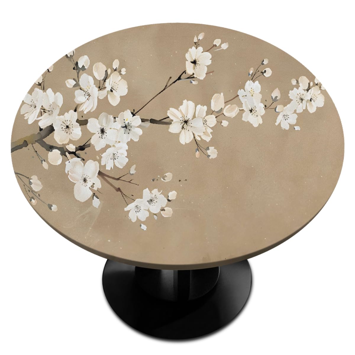 Flower Wall White Plum Blossom Round Fitted Tablecloth with Elastic Outdoor Tablecloths Tables Waterproof Stain-Resistant Wipeable Table Cover for