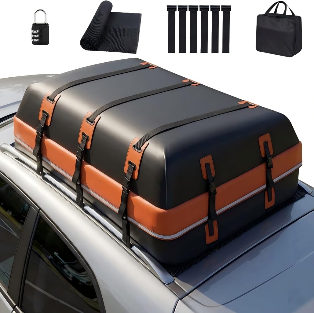 Coffre de Toit Voiture Souple 570L, Sac de Toit 100% Imperméable PVC, Rangement Bagage Voyage, Tapis et 6 Crochets Inclus, pour SUV/Voitures avec ou sans Barres de Toit