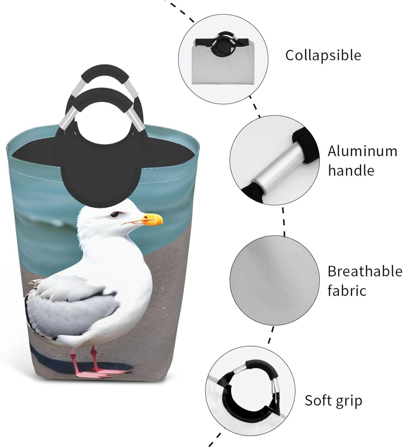 Cute seagull Foldable storage bag, 50L capacity, suitable for laundry room, dormitory bedroom, dirty clothes storage basket.