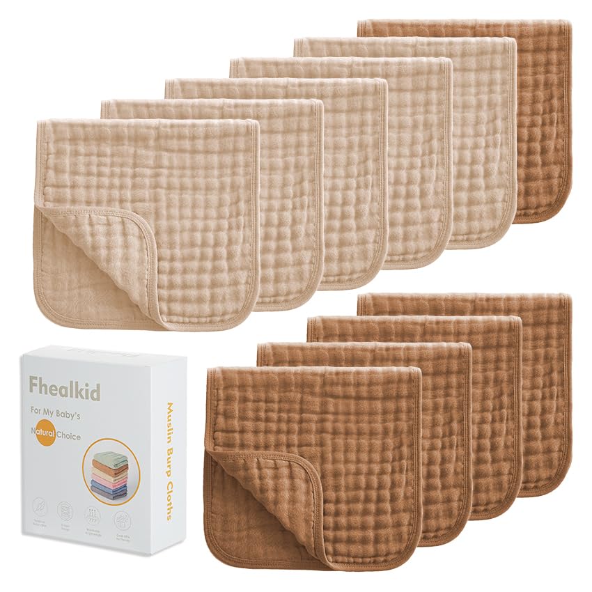 Image of Muslin Burp Cloths Sets Newborn Baby Boy Essentials Must Haves 100% Cotton 10 Pack 20" X 10",6-Layer Baby Bibs & Burp Cloths for Baby Drool and Messes - Soft (APRICOTCOFFEE02, 10 - Pack 20"X10")