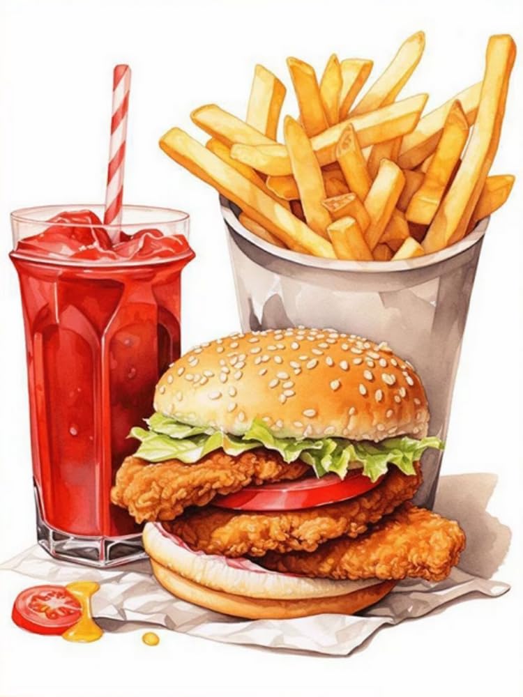 Brennora 5D Diamond Painting Kits Full Drill Round Gem Hamburger and Fries DIY Arts and Crafts Home Wall Decor Gift 40x50cm