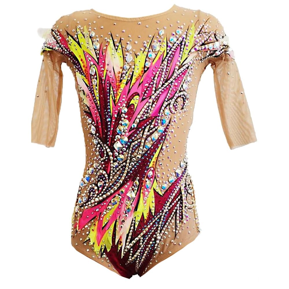Vestido De Patinaje Leotardo Ruborización De Rosa Alta Elasticidad Y Transpirable Hecha A Mano Jeweled Diamante Se Vea Media Manga De Girls'Rhythmic Leotards De La Gimnasia Mujeres