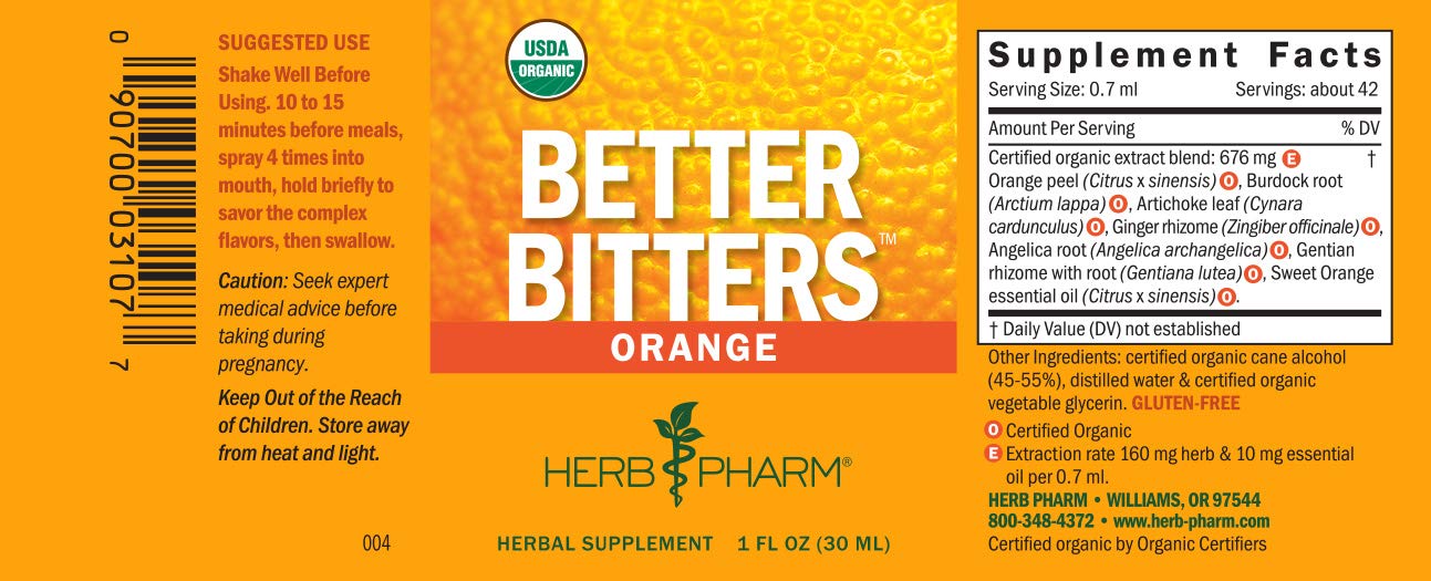 Herb Pharm Better Bitters Certified Organic Digestive Bitters, Orange, 1 Ounce