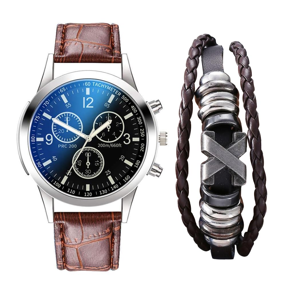 GUSTAVE® Wrist Watches for Men And Bracelet Set - Elegant Leather Band Watch & Matching Braided PU Bracelet Gift Birthday Gifts for Men, Watches for Men Under 500, Black Dial and Brown Strap (B0D2L1M4C8) Amazon Price History, Amazon Price Tracker