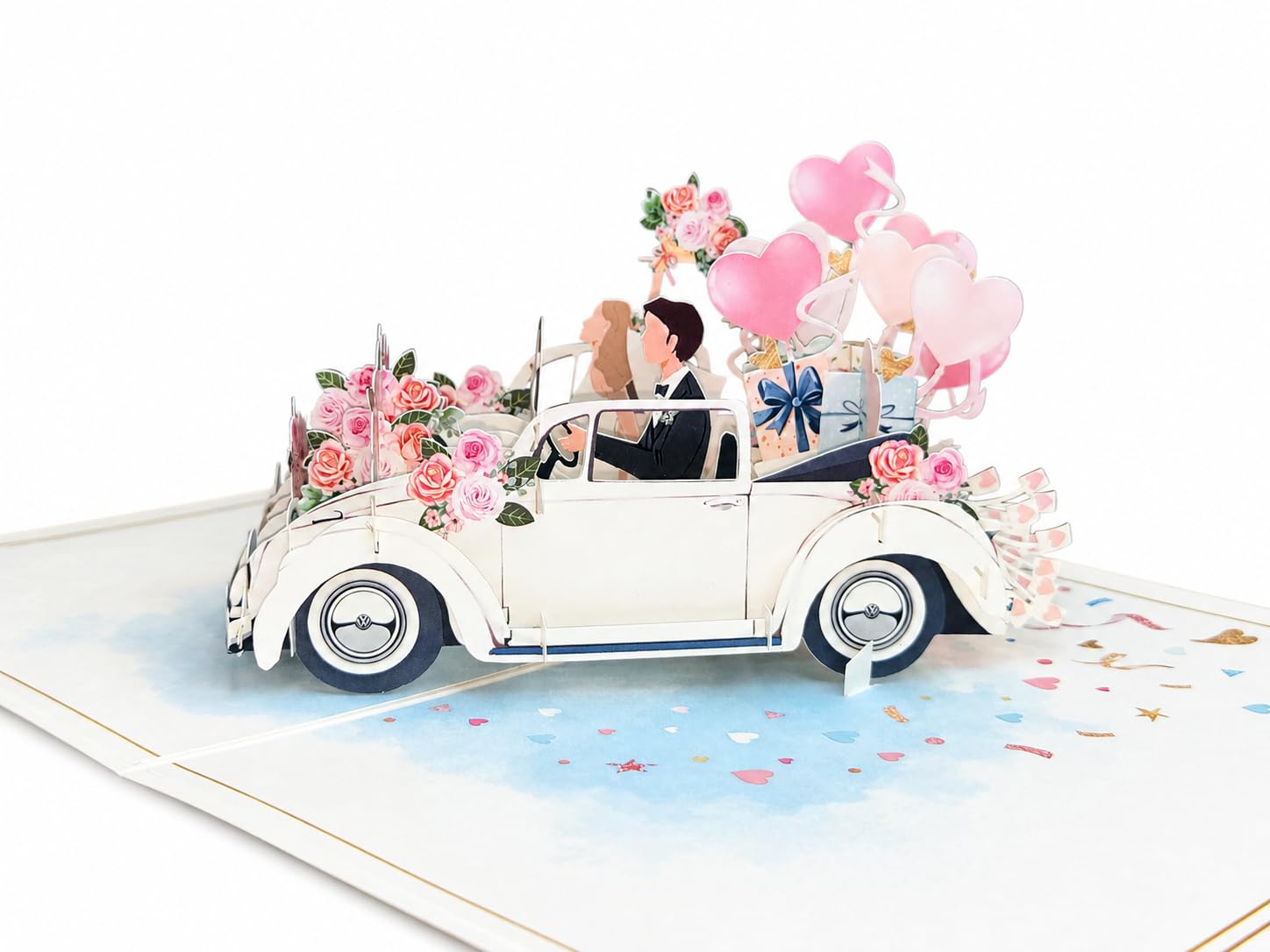 Biglietto di auguri pop-up 3D per matrimonio – Auto con sposi e palloncini – 13 x 18 cm con busta